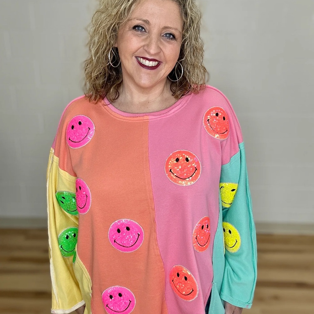 Sequin Smiley Face Colorblock Lightweight Sweater.
